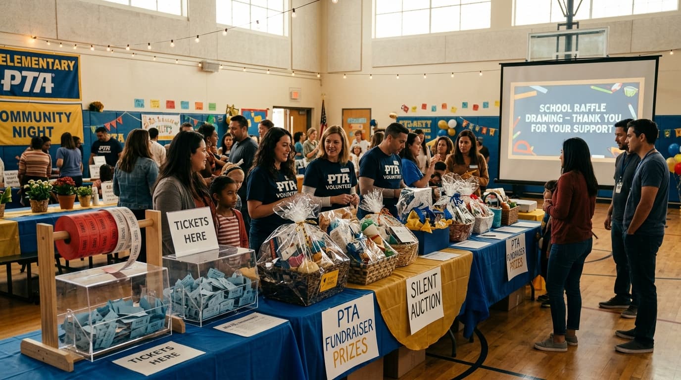 A PTA carnival booth with ticket roll, prize table, and parents gathered around a projector screen