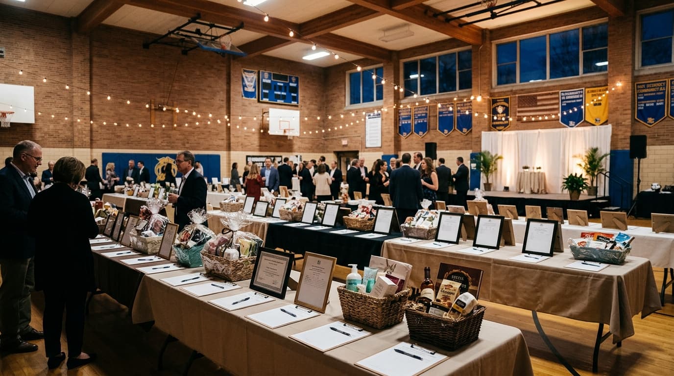 A school gym gala with bid sheets on tables and gift baskets under soft string lights