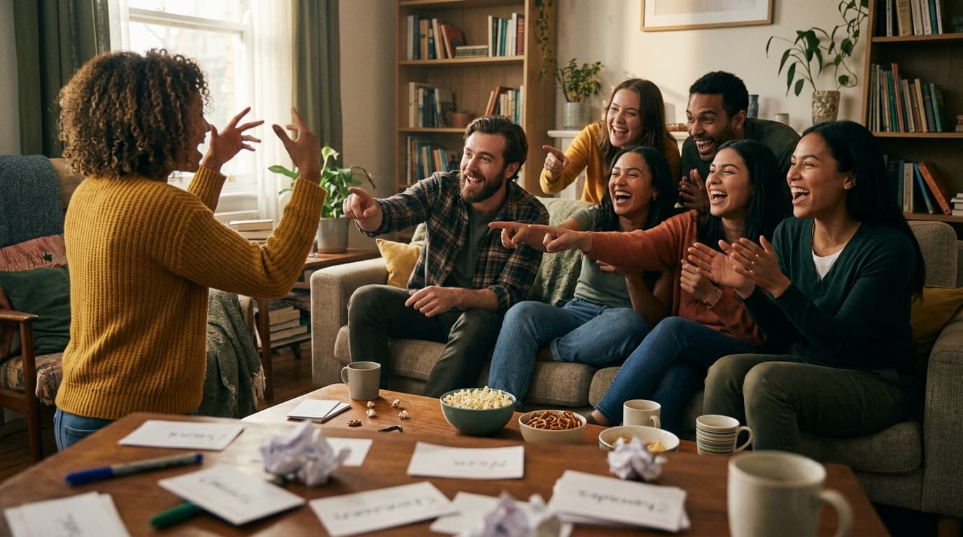 Teens and friends in a circle on a living room rug during a casual party