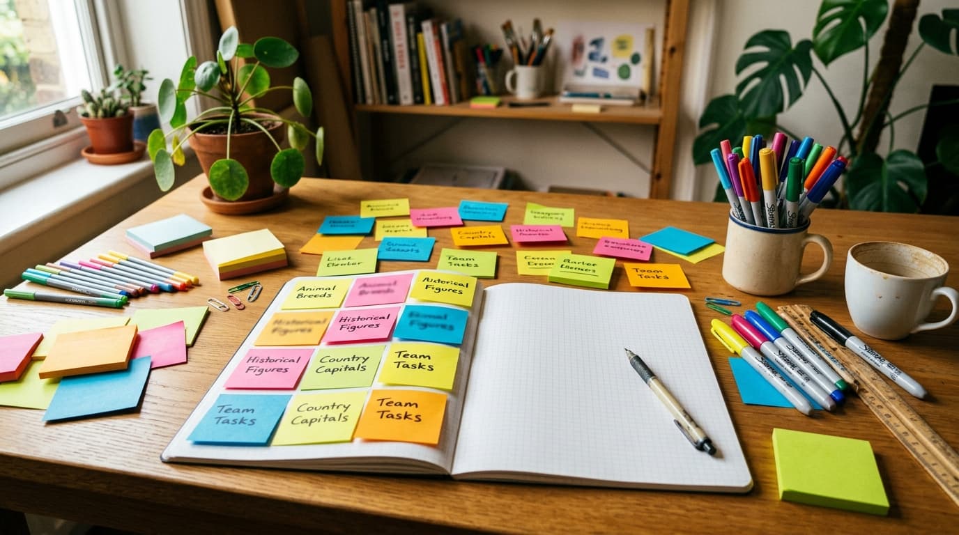 A creative workspace desk with colorful sticky notes, markers, and a blank notebook