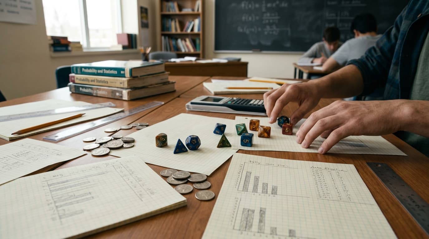 A math lab desk with dice, coins, and tally charts on graph paper