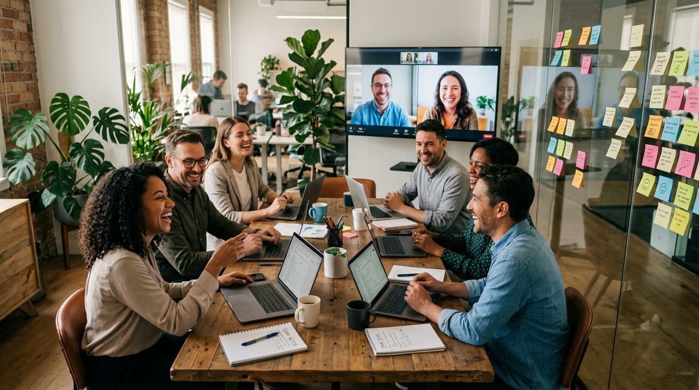 A hybrid team stand-up: laptops open on a conference table, sticky notes on glass, morning light