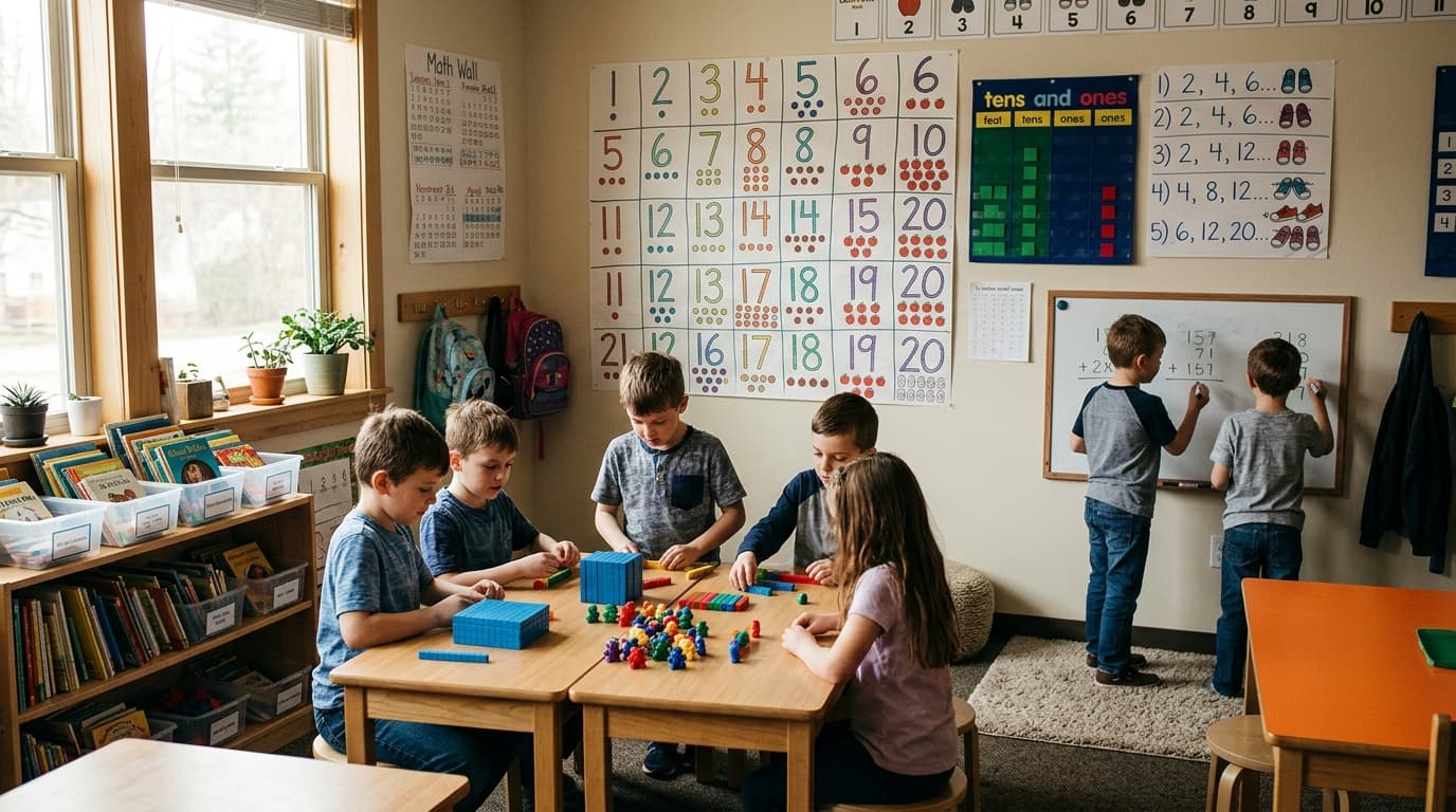 An elementary math corner: number charts on the wall, manipulatives on desks, students at whiteboards