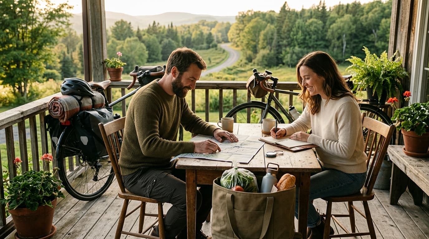 A couple planning a local day trip with bikes on a porch and a farmers market tote