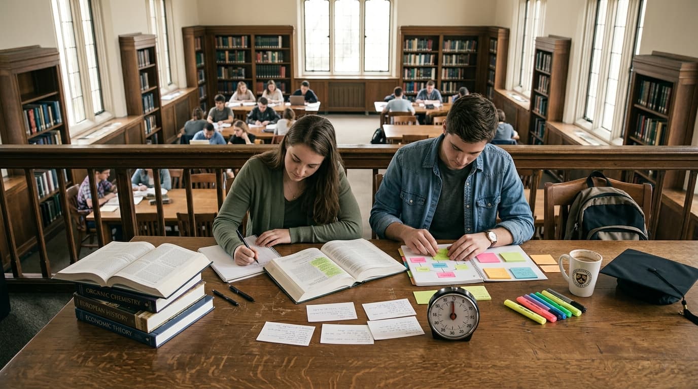 A student desk with textbooks, highlighters, and a closed laptop