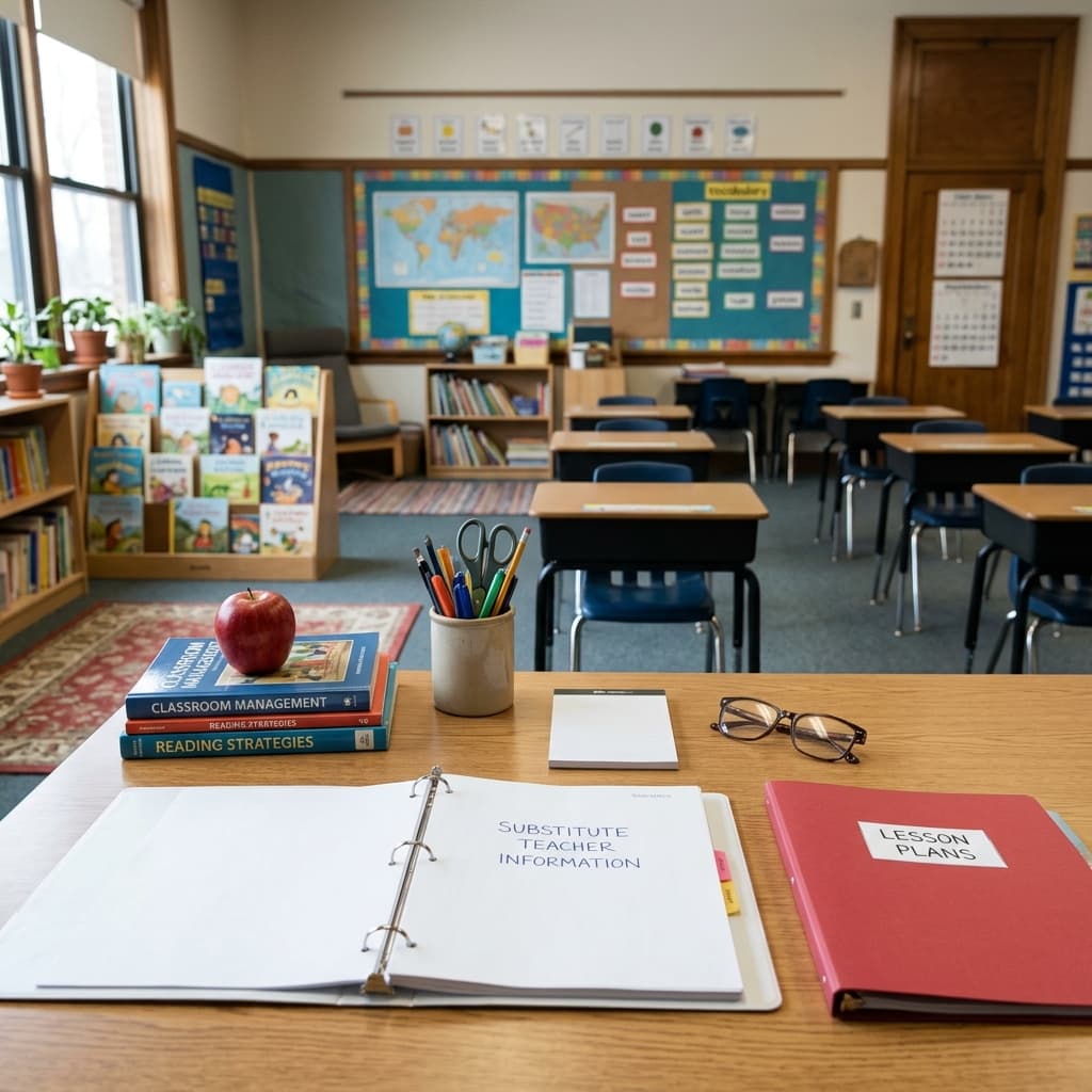 A teacher desk prepared for a substitute: organized sub binder, lesson plan folder without readable text, apple, pencil cup, welcoming empty classroom beyond