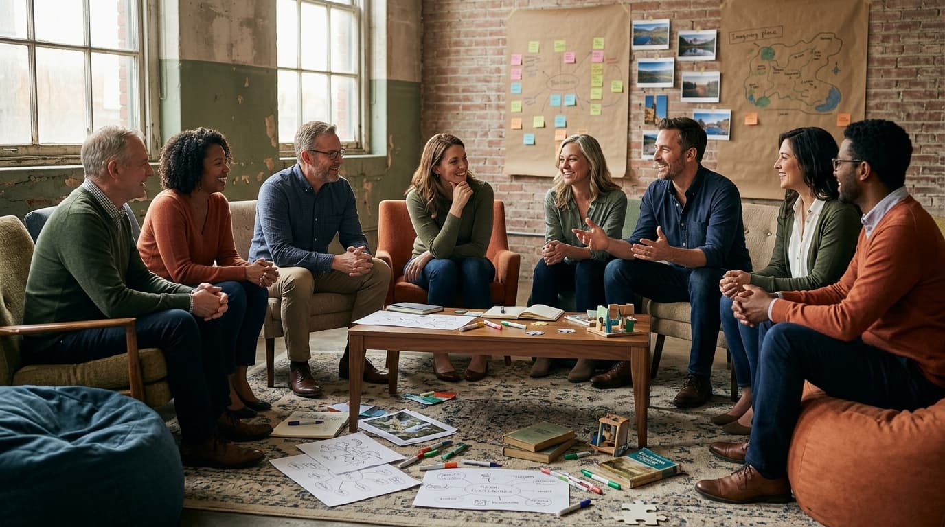 An office breakout room with colleagues in a casual circle, whiteboard with blurred sticky notes