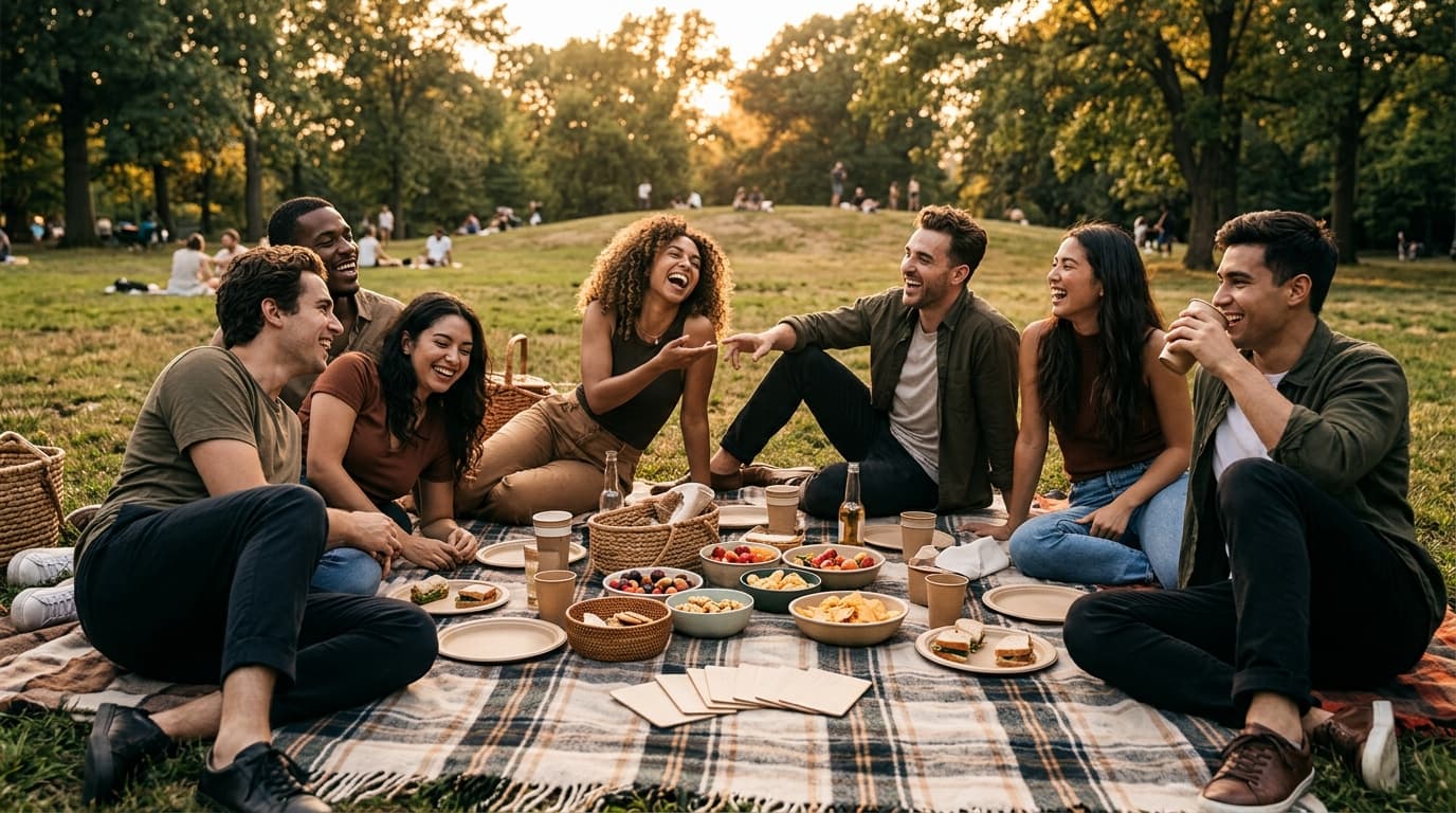 Friends at a picnic blanket in a park, laughing, afternoon golden light