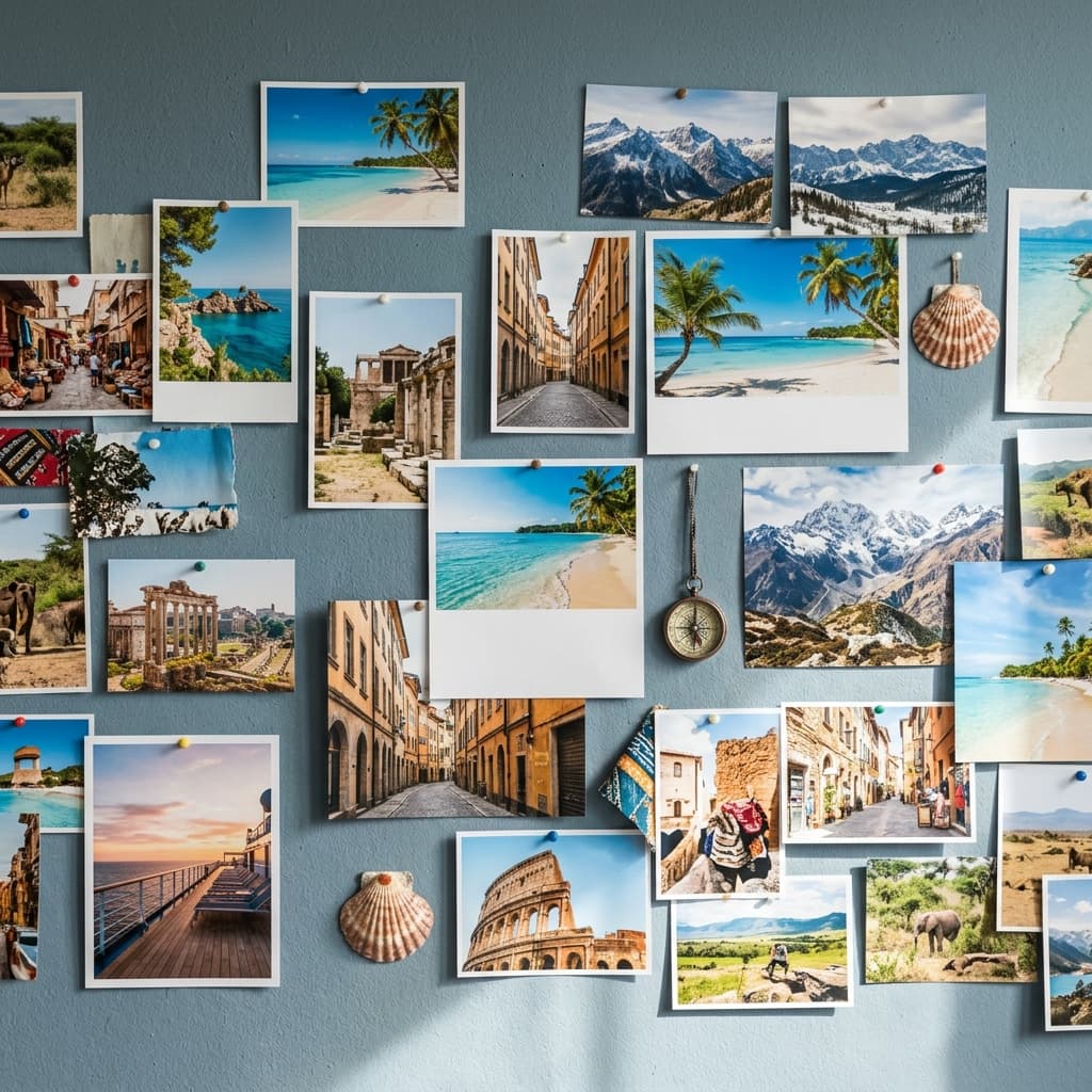 A travel mood board on a wall: pinned photos of beaches, mountains, cities
