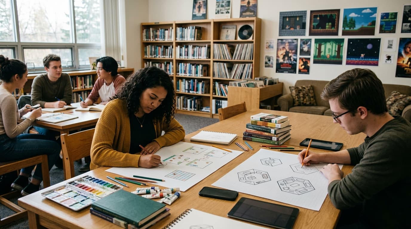 A library makerspace: students sketching game levels on graph paper, tablets face-down on table, pixel-art posters without readable text