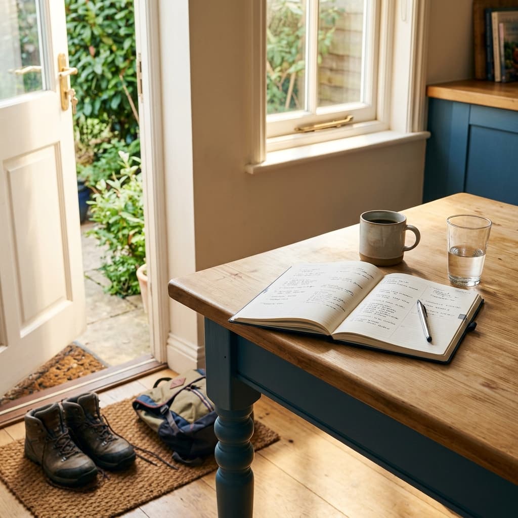 A kitchen table with an open planner, hiking boots by the door, and sunlight