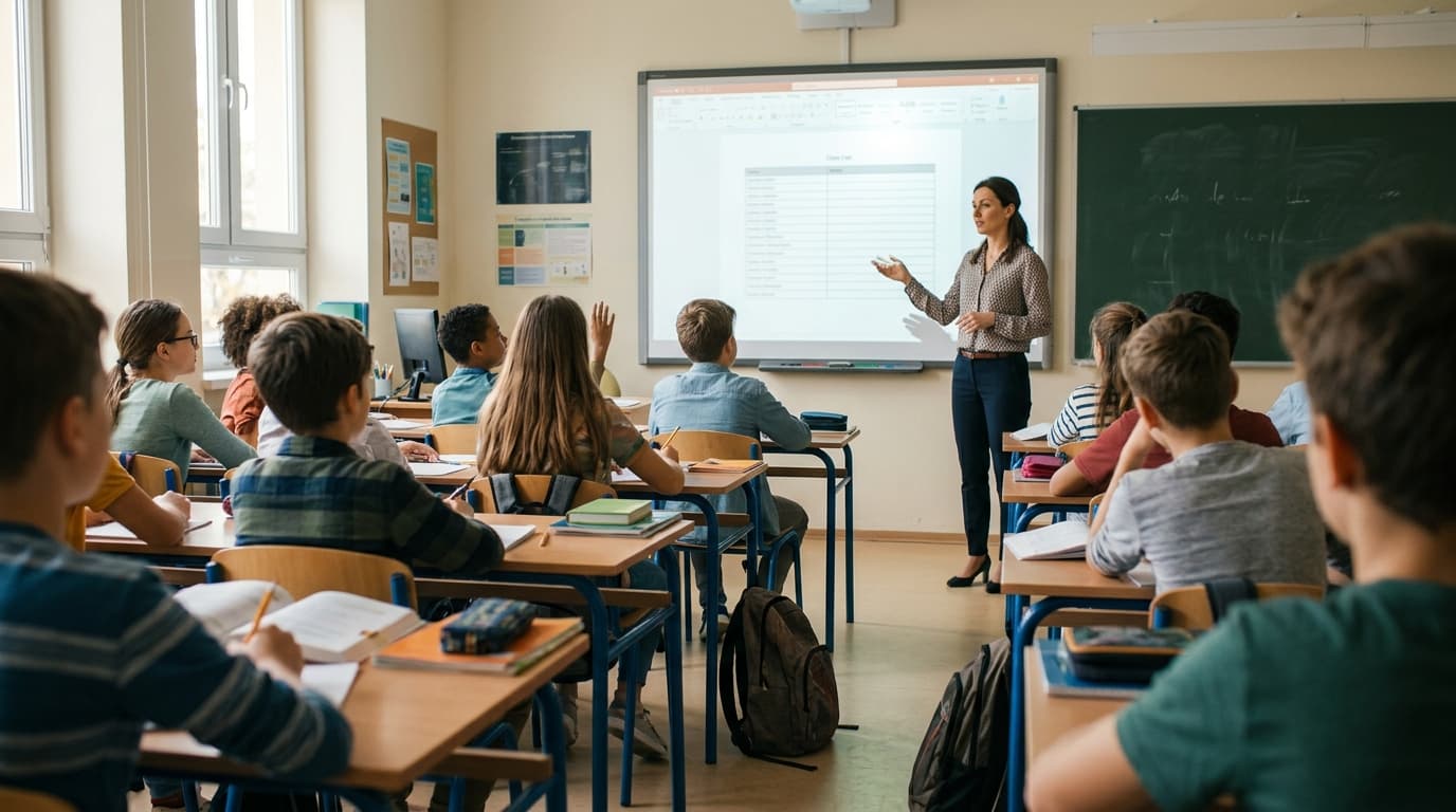 A teacher at a projector showing a class roster on screen while students watch