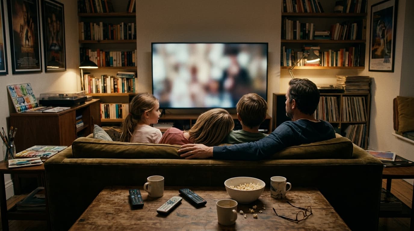 A family on a sofa facing a TV with blurred screen glow, remote on the coffee table