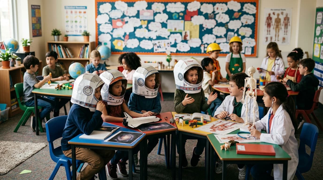 A primary classroom career day: children in paper astronaut helmets and doctor coats at colorful tables, bulletin board with blurred dream clouds