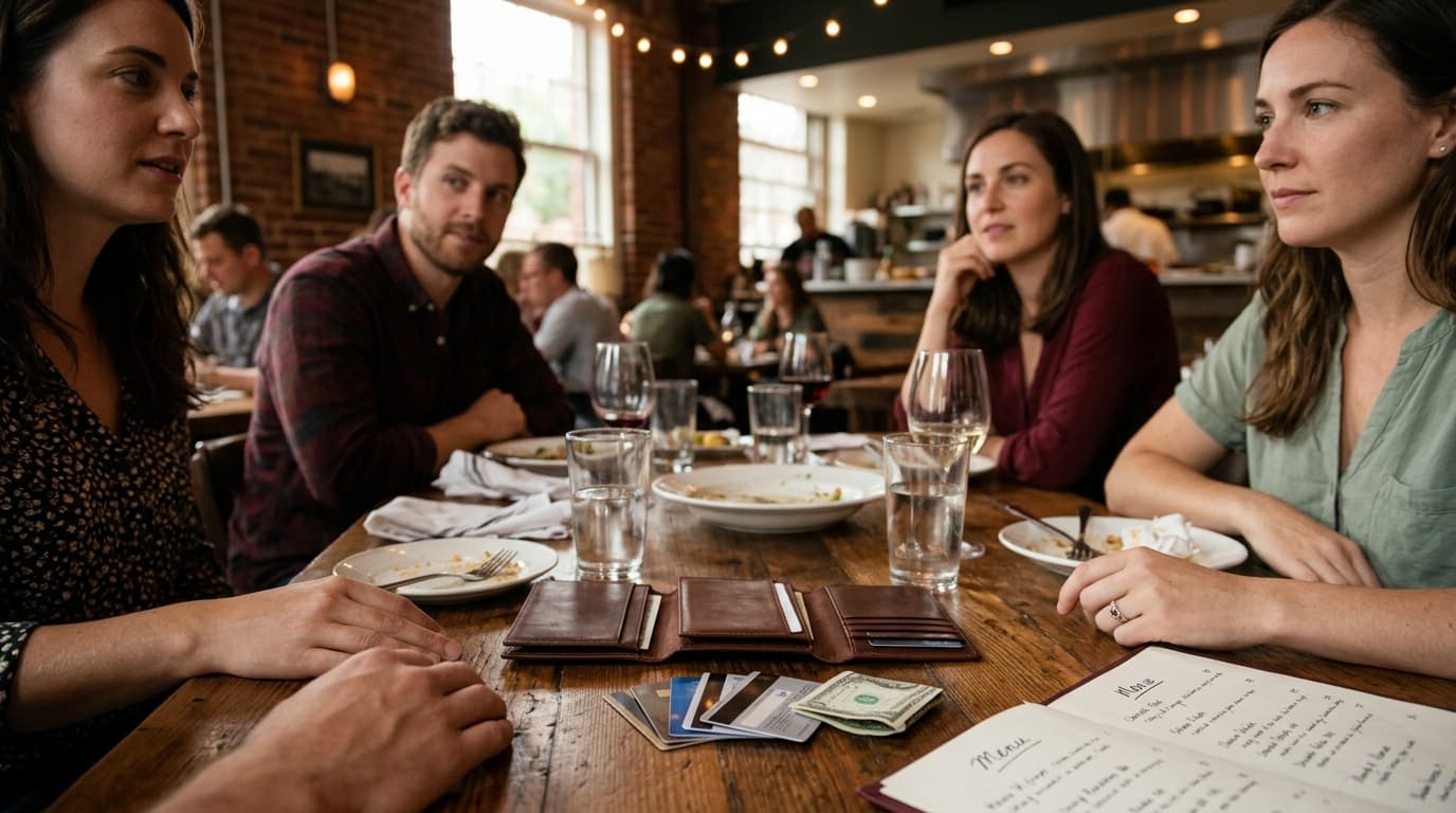 Friends at a restaurant table with menus closed and water glasses