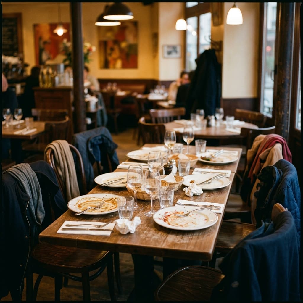 A casual restaurant table after a meal: empty plates, water glasses, warm ambient lighting, friends' jackets on chairs