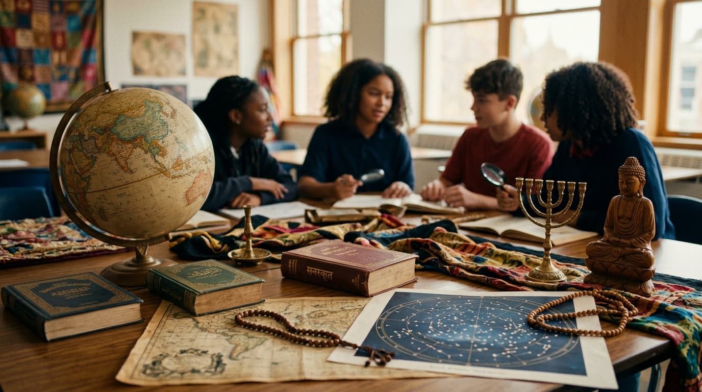 A respectful social studies classroom: world religions textbook stack with blurred spines, candle and prayer beads as still-life on a desk