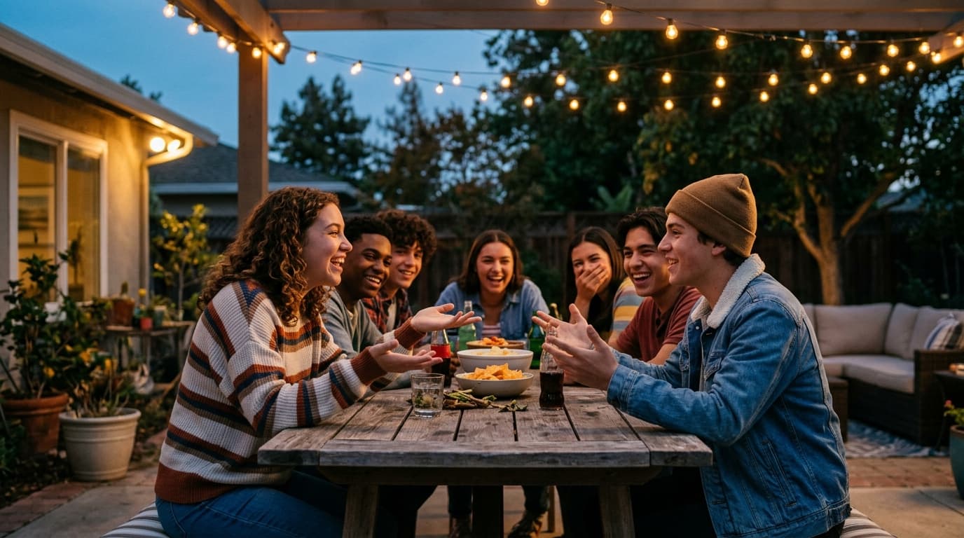 Teenagers on a backyard patio at dusk, string lights, two friends debating with open hands