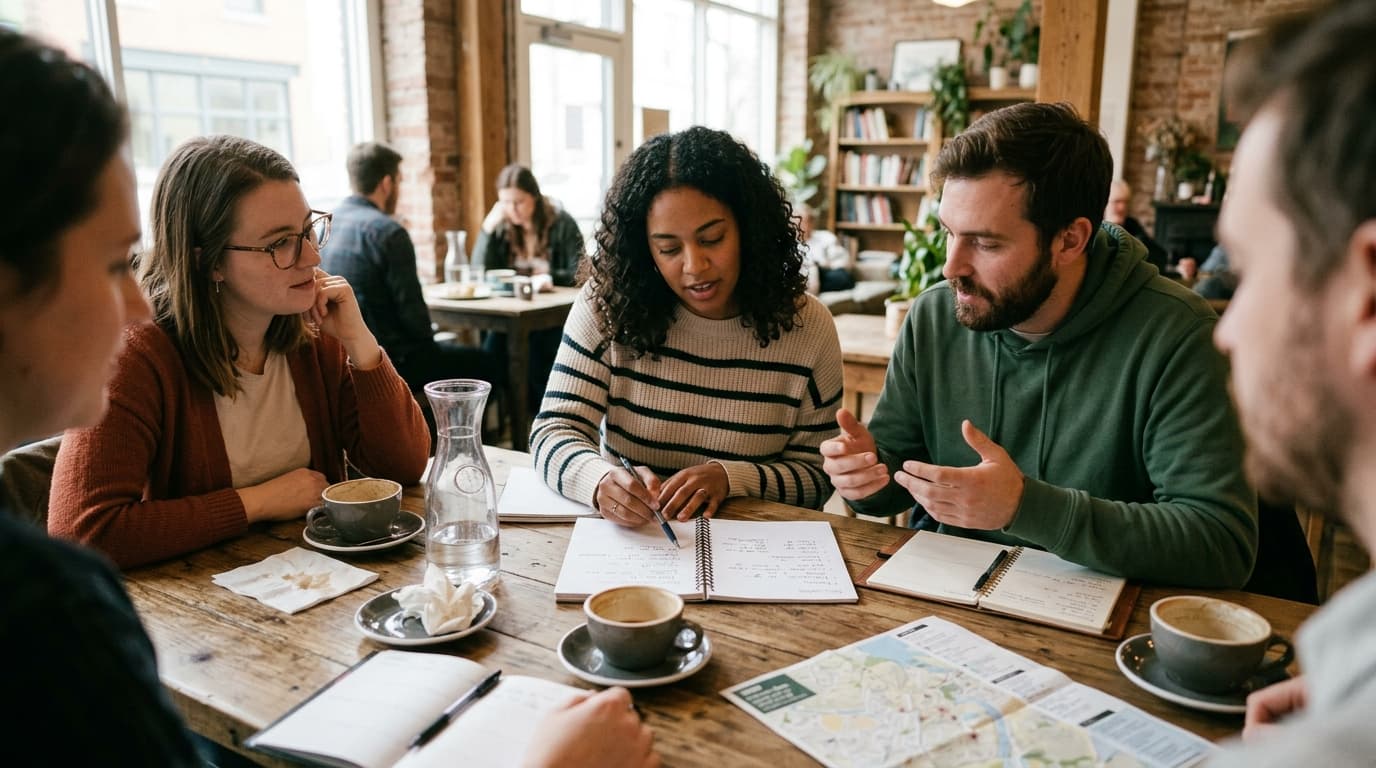 Friends at a café table debating plans with notebooks and coffee cups