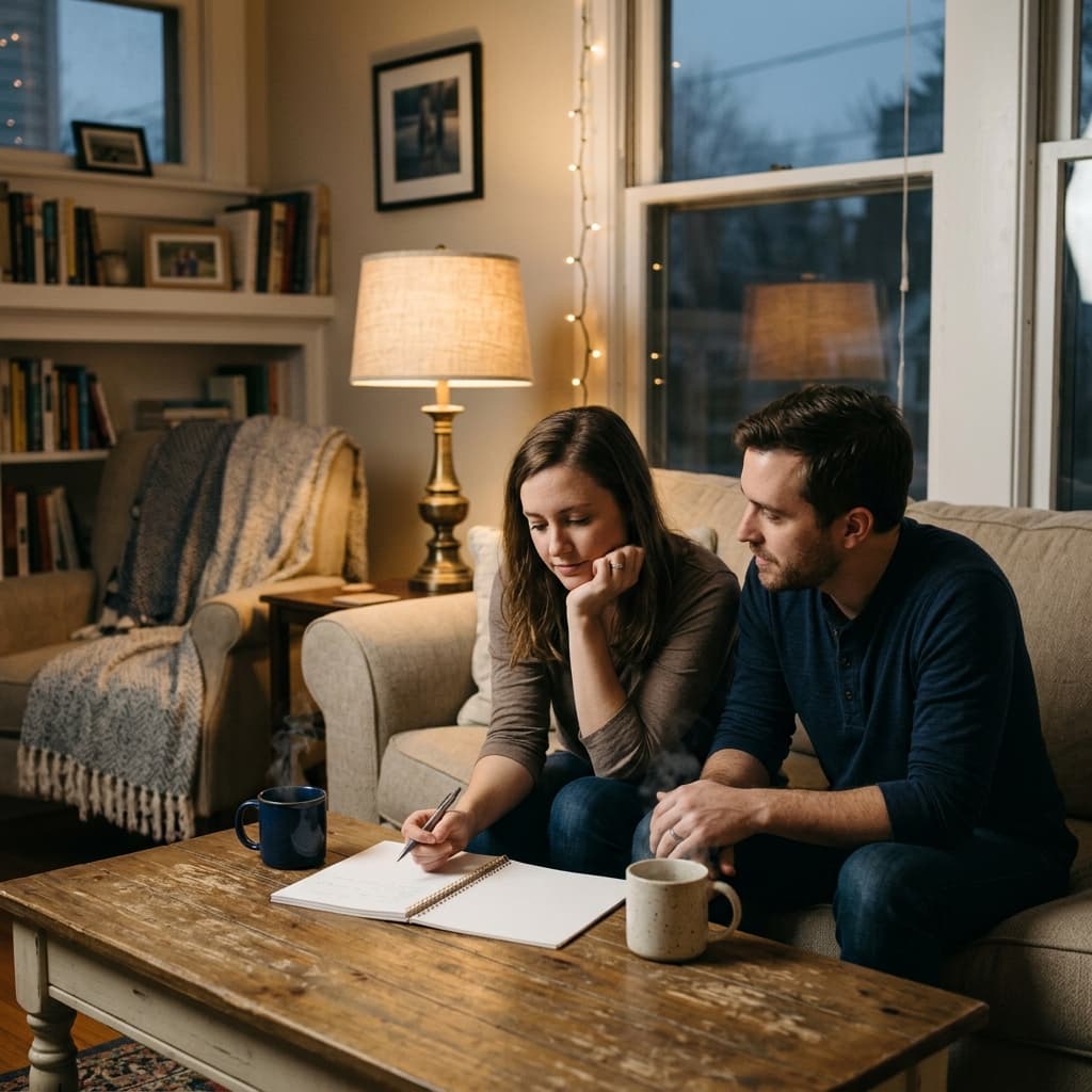 A cozy living room decision moment: two mugs on a coffee table, soft lamp light, notebook with blank pages