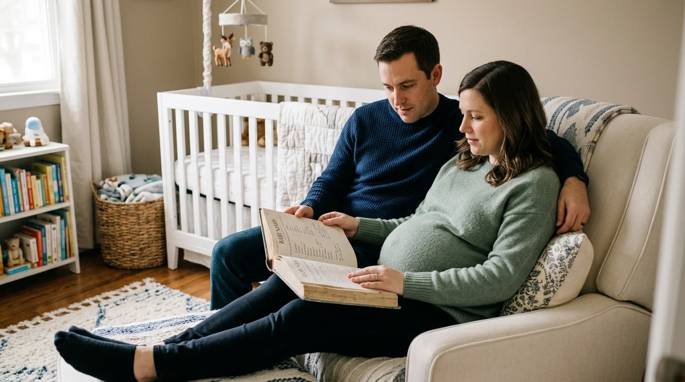 Expectant parents browsing a baby name book