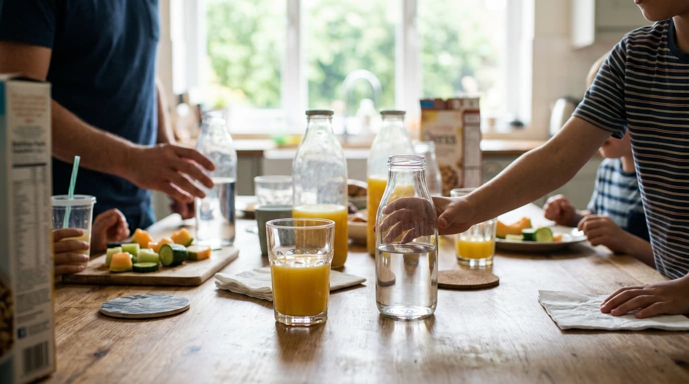 Family kitchen table with juice and water