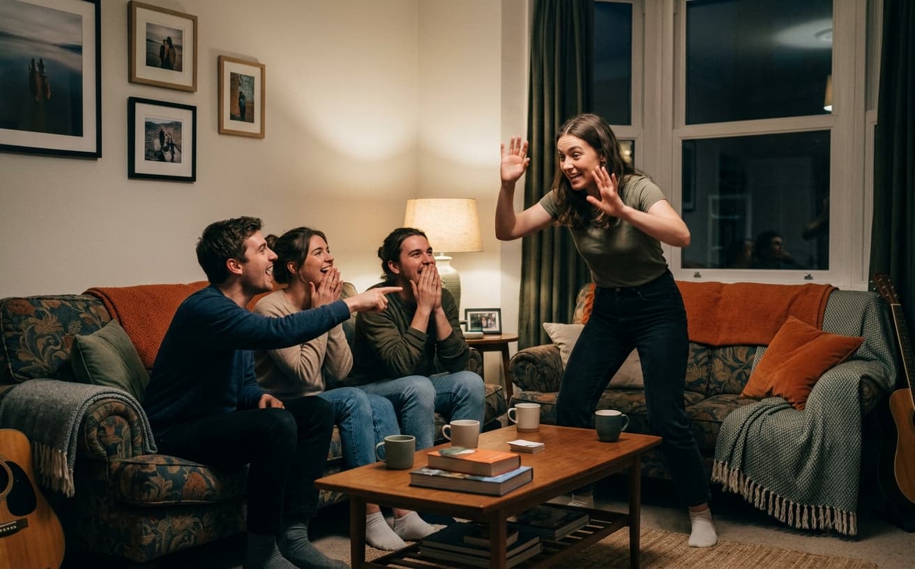 Friend acting out charades on a sofa