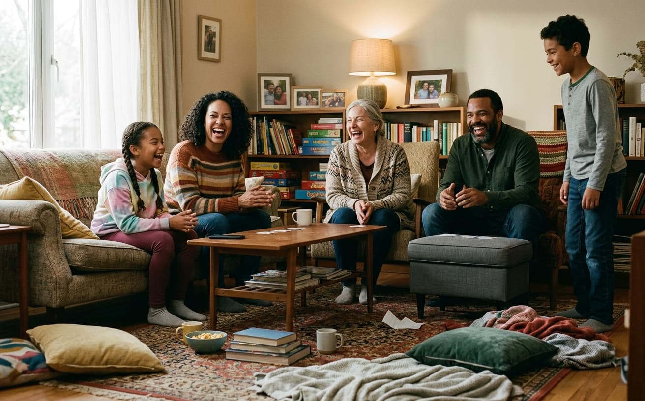 Family laughing during a living room game