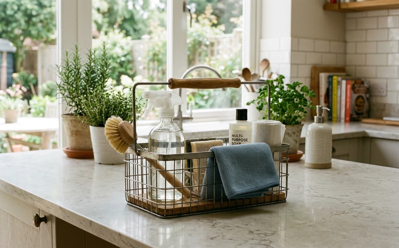 Organized cleaning supplies caddy