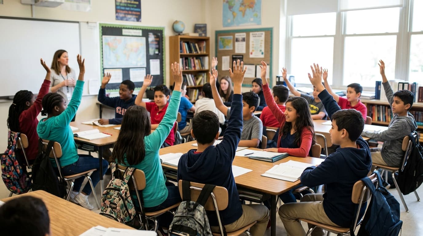 Diverse students raising hands during discussion