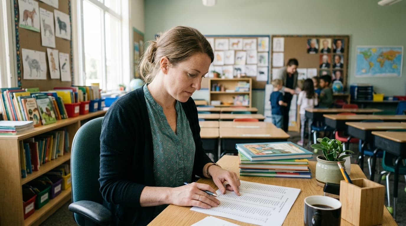 Teacher reviewing a class roster at a desk