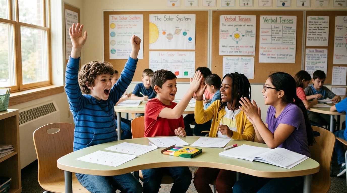 Students cheering during a classroom review game