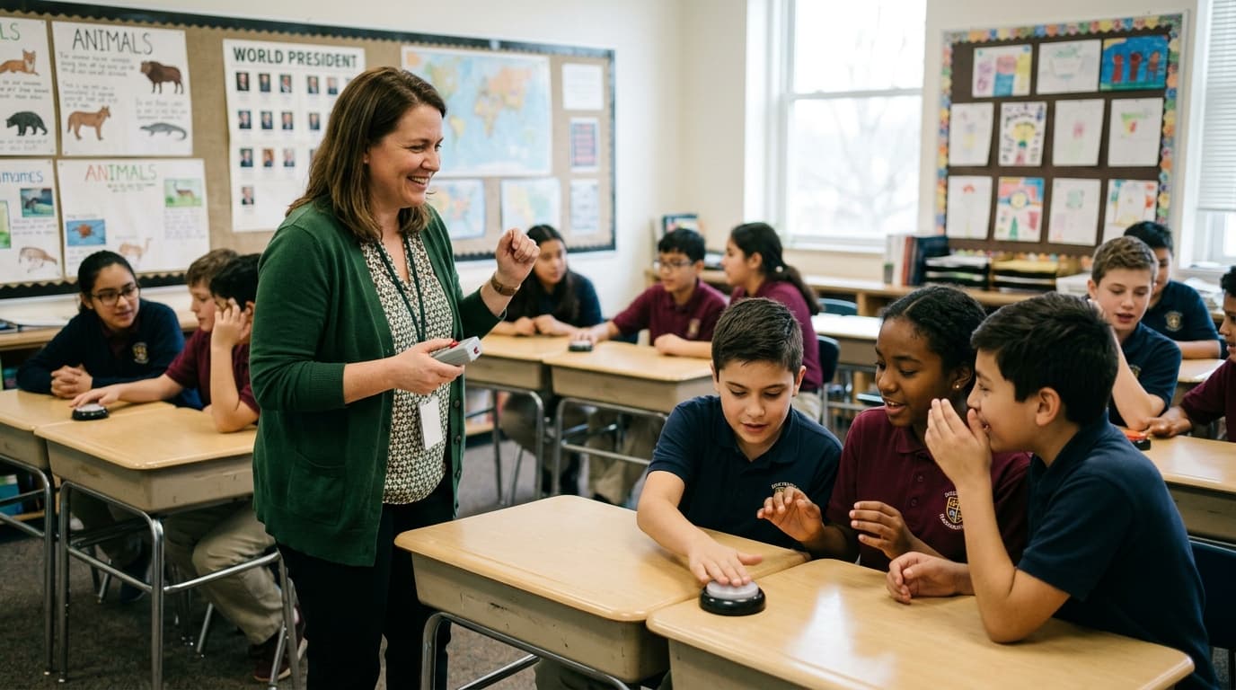 Teacher holding a buzzer during a quiz
