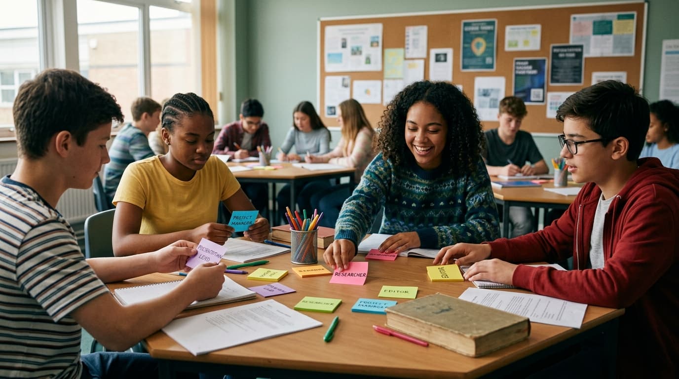 Students assigning group roles with sticky notes at a table