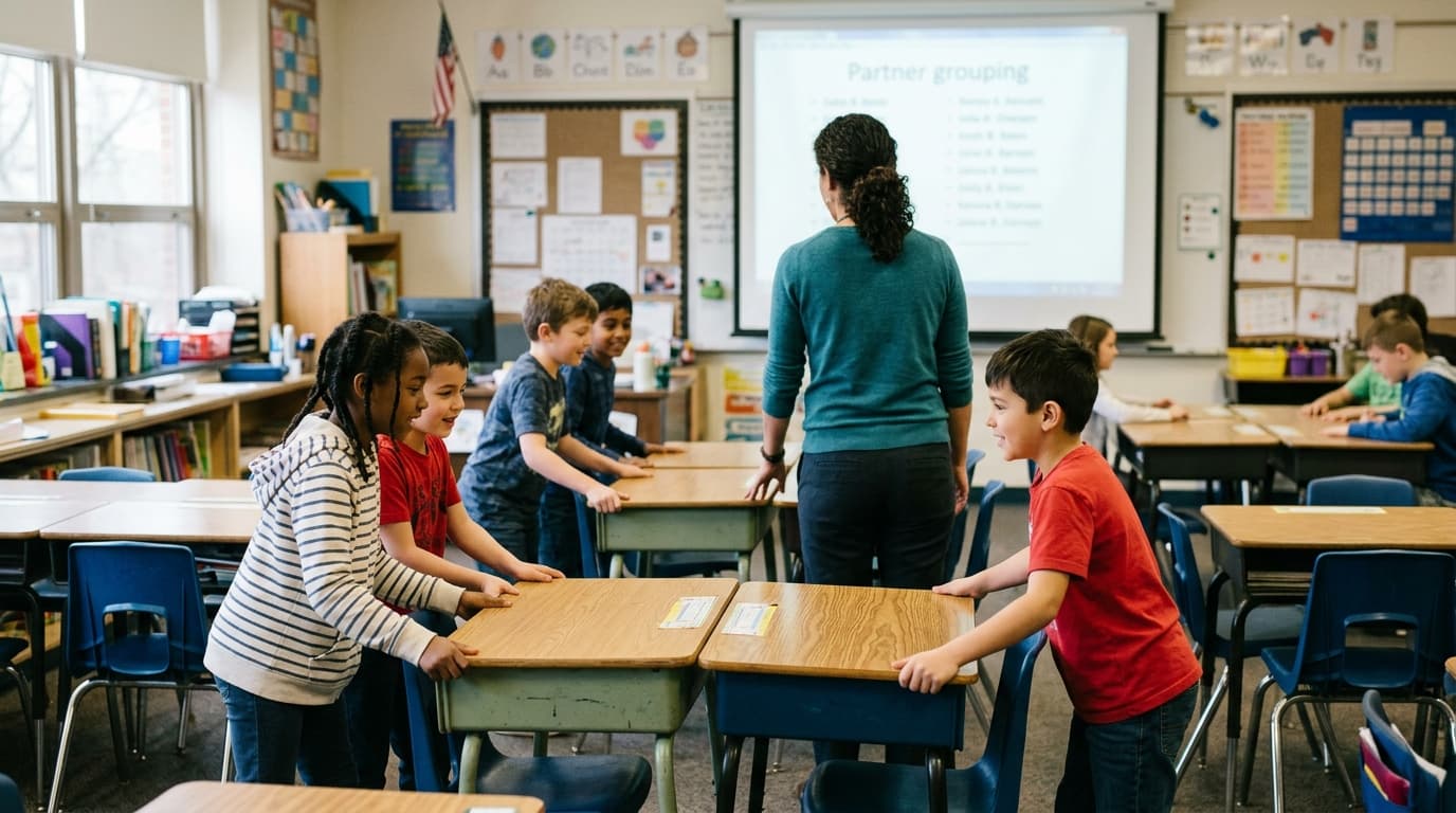 Teacher organizing desk pods for a collaborative project
