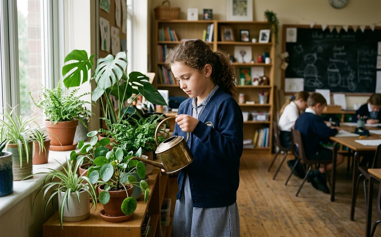 Student watering classroom plants