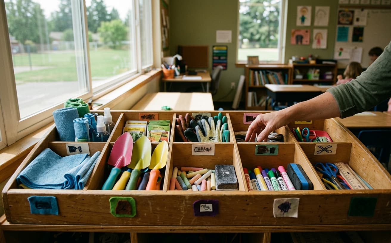 Organized supply caddy on a shelf