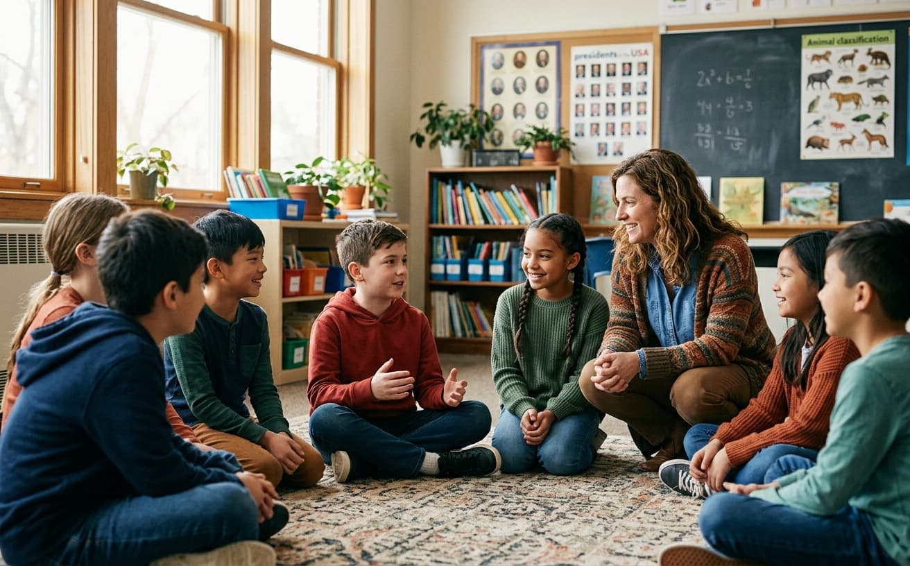 Teacher leading a classroom icebreaker circle