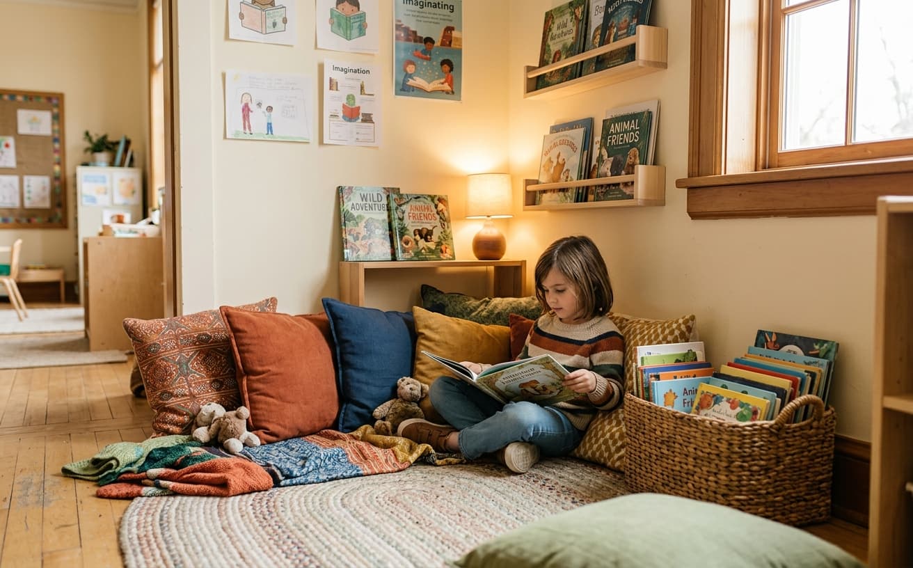 Classroom reading corner with picture books