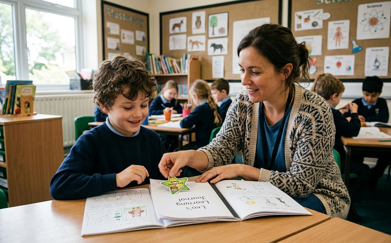 Teacher placing a sticker on a student notebook