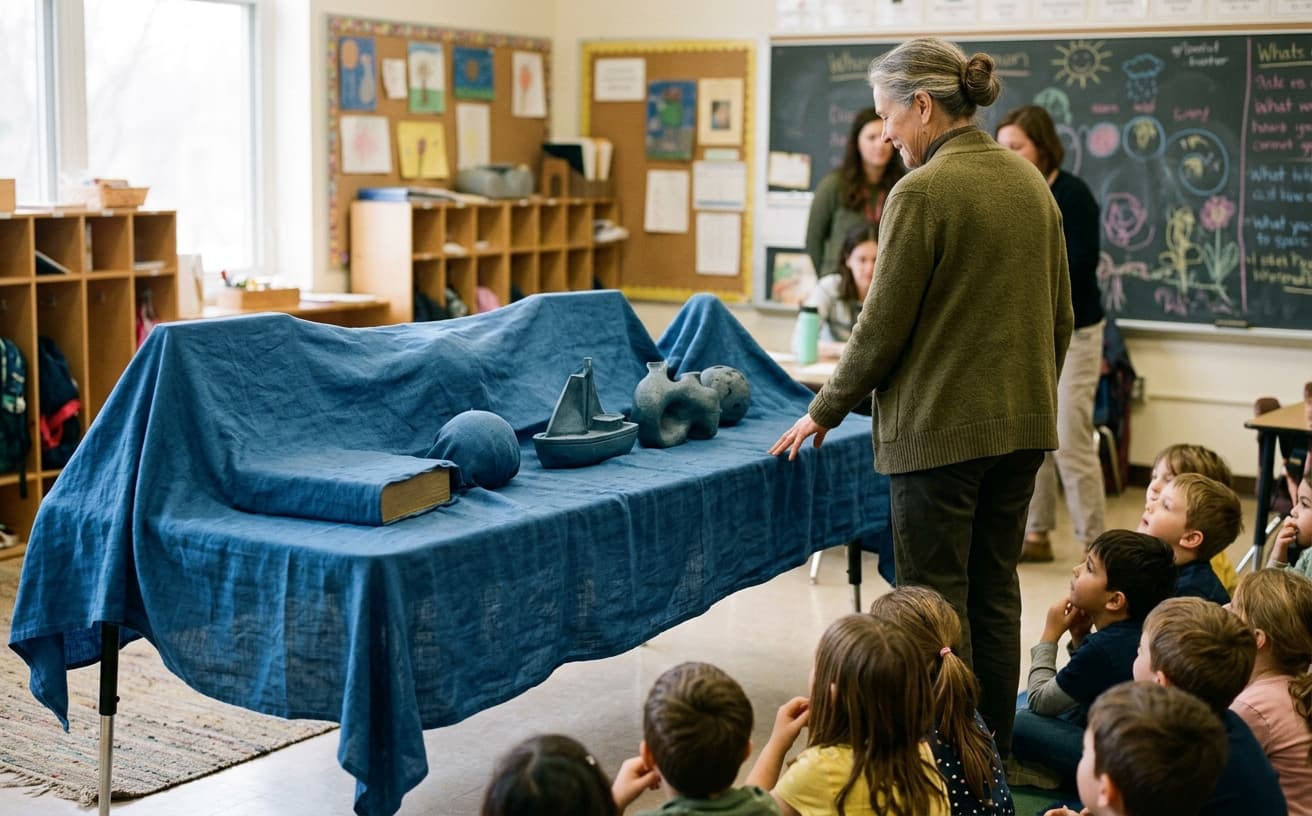 Show-and-tell table with covered objects