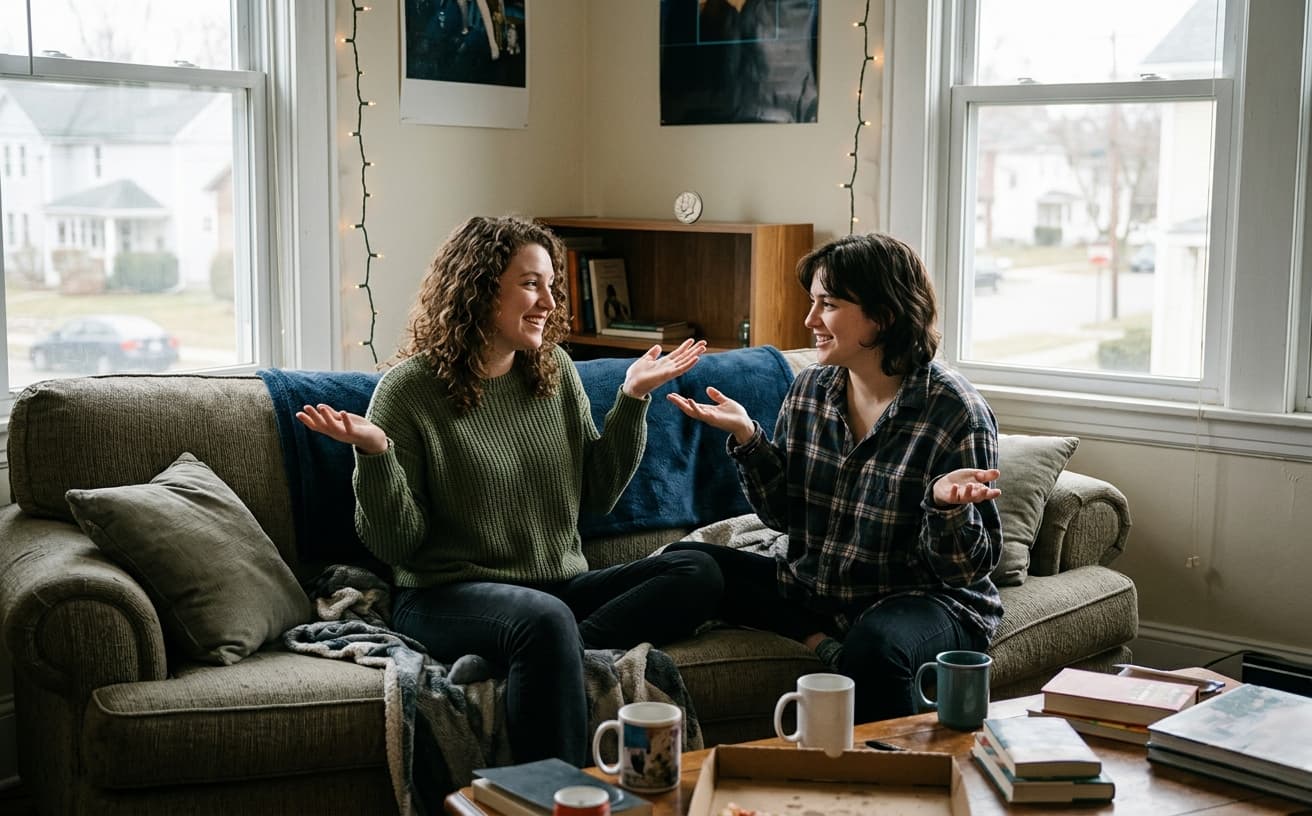 Two roommates shrugging playfully