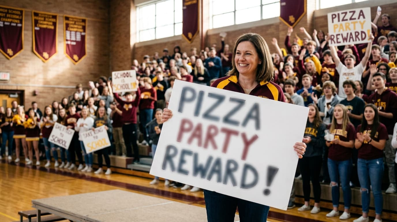 Principal celebrating a pizza party fundraiser reward at a pep rally