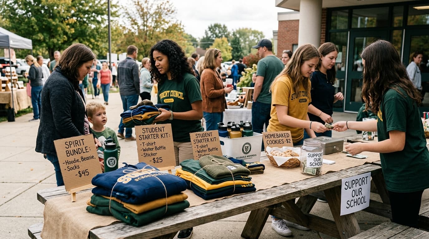 Student council fundraiser table with spirit wear prizes