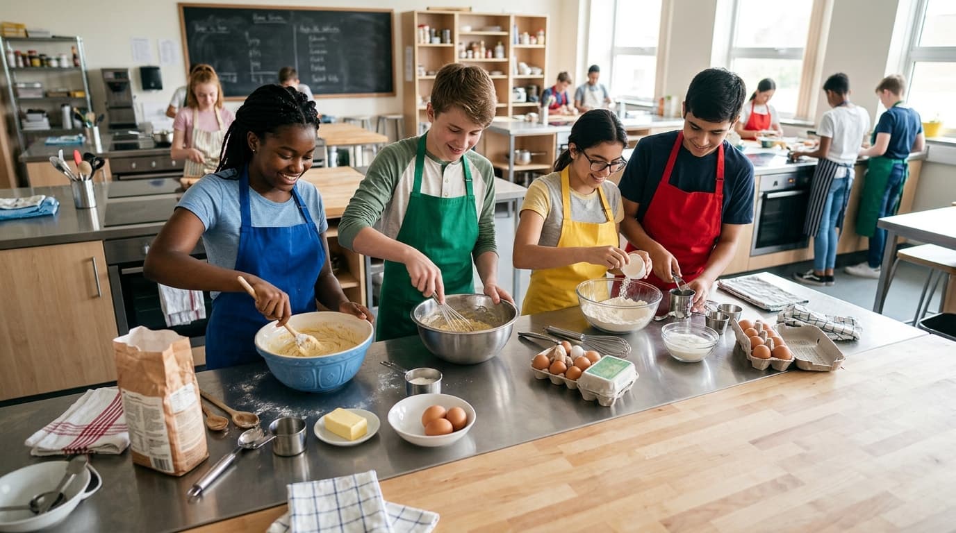 Students at a home economics kitchen counter