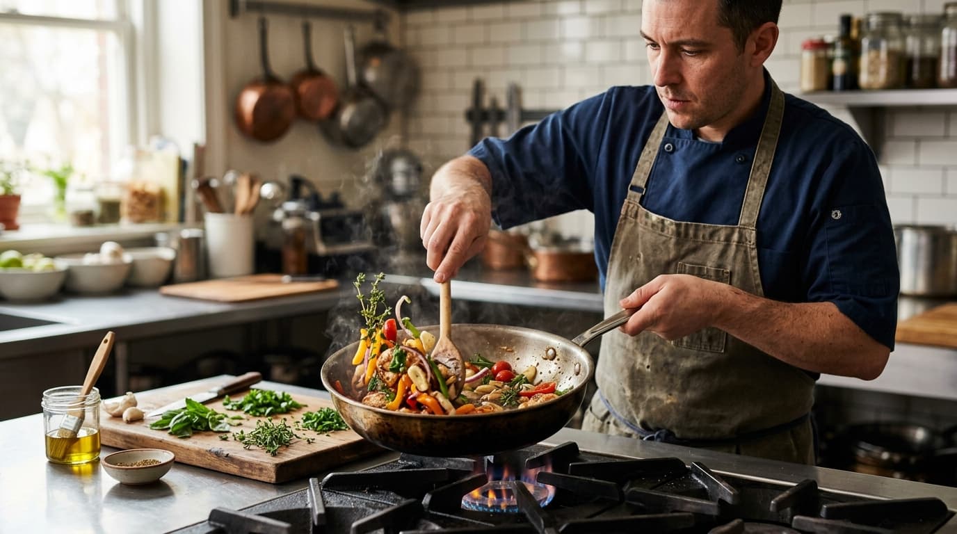 Sauté pan on a stove with fresh herbs