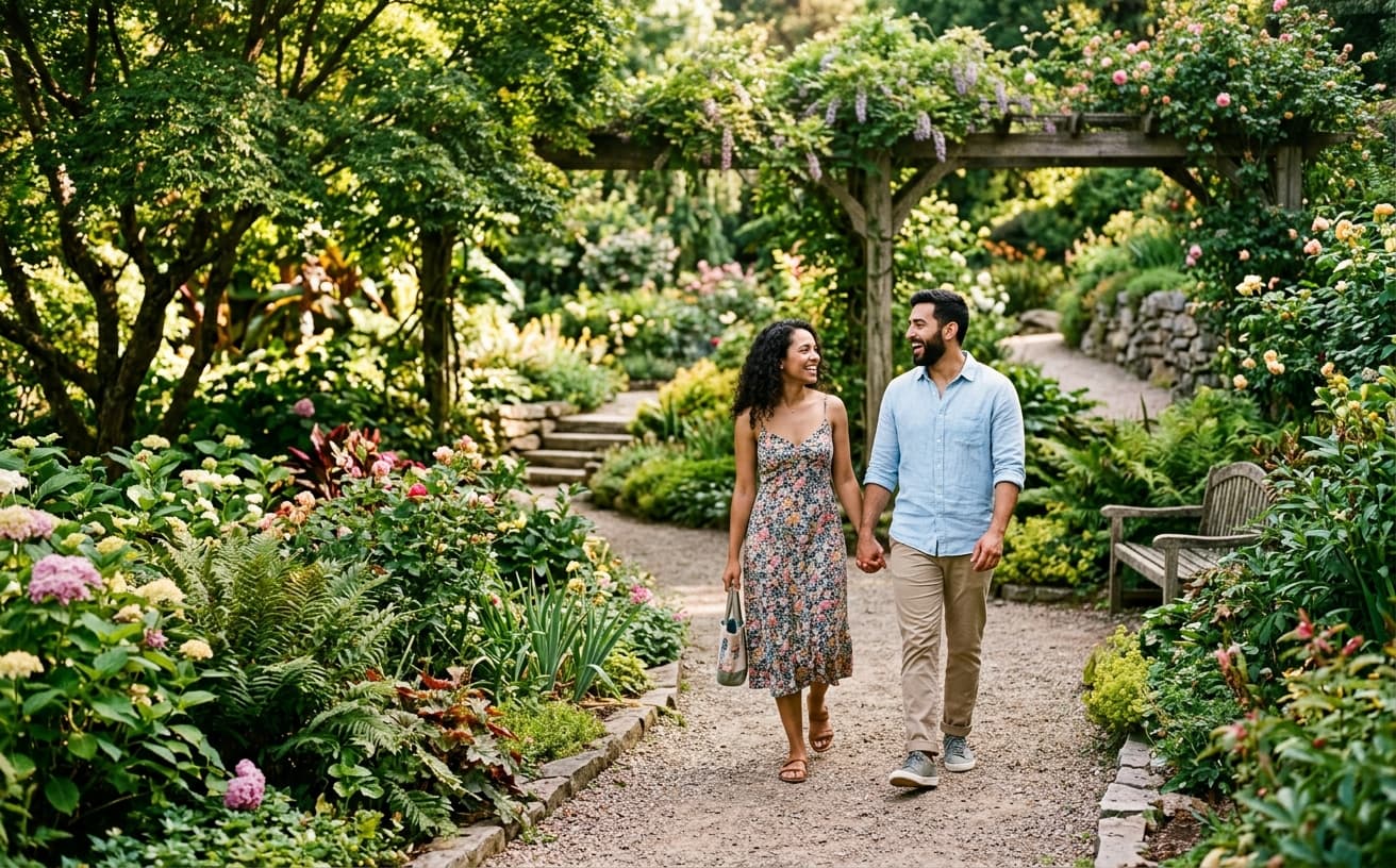 Couple walking in a botanical garden