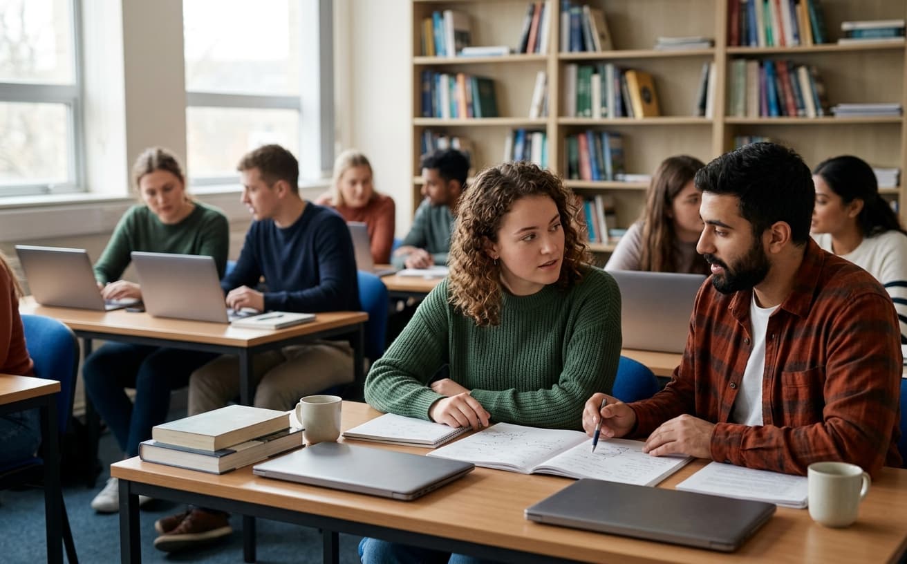 Students working in pairs at a shared desk