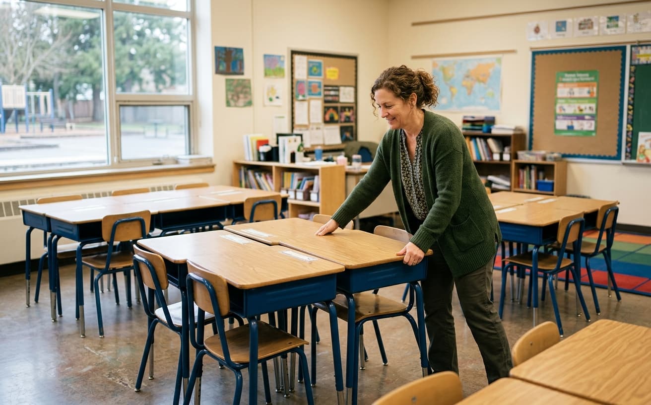 Teacher rearranging desk clusters