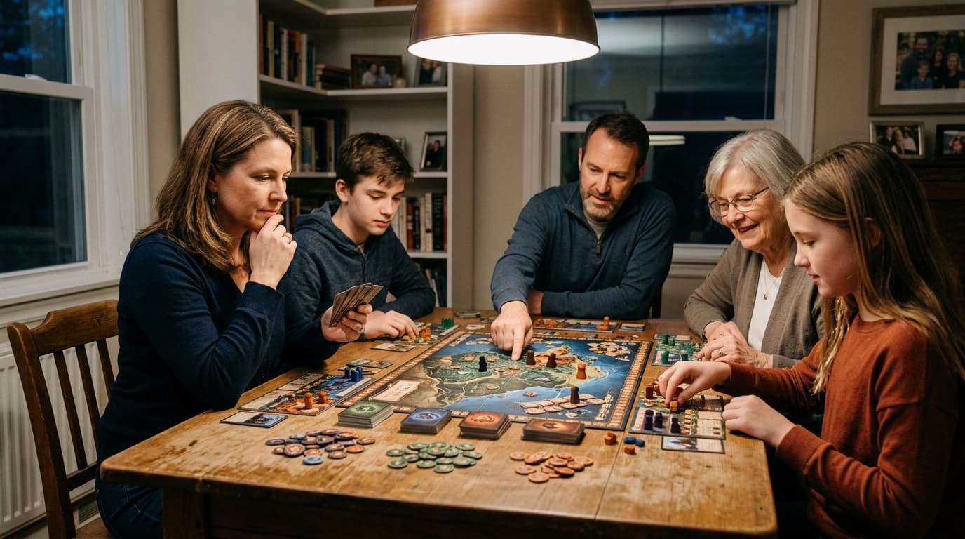 Family gathered around a board game table
